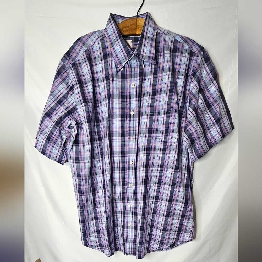 PETER MILLAR Men XL Cotton Sport Shirt Button Front Blue Plaid Short Sleeves